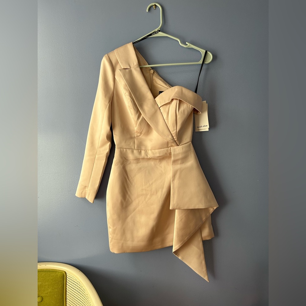 Lavish Alice satin one-shoulder mini blazer dress with belt detail in champagne